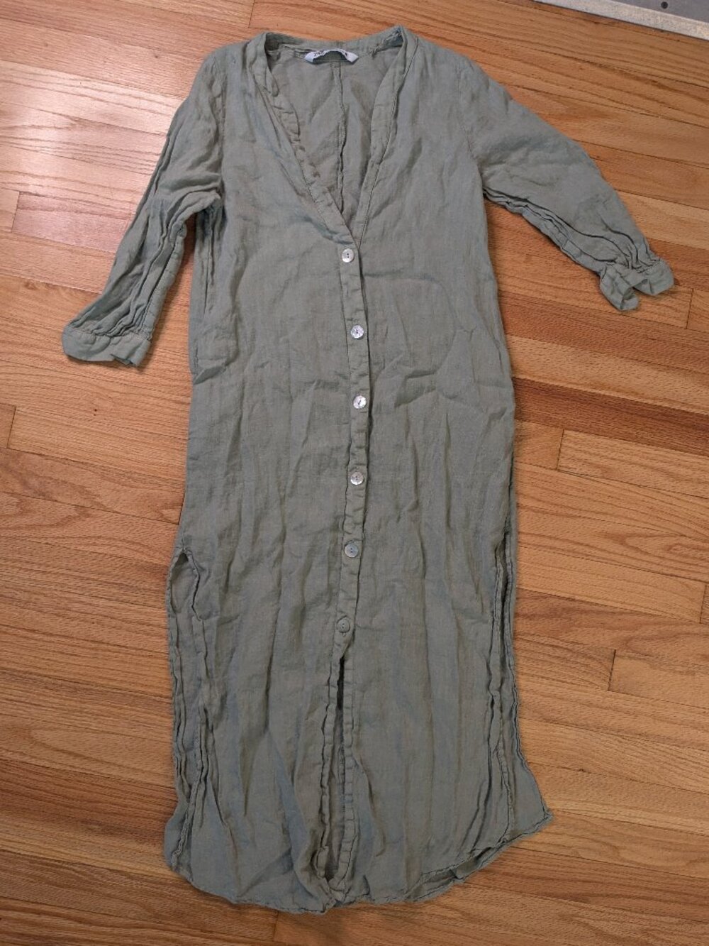 zara linen tunic dress mother of pearl button down side slit XS green boho maxi